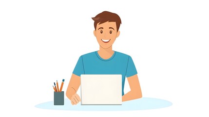 A young man is sitting at the table with laptop and holding pencil, flat design illustration