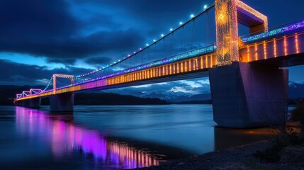 Wall Mural - a contemporary bridge with dynamic led strips along its length, changing colors and patterns to cele