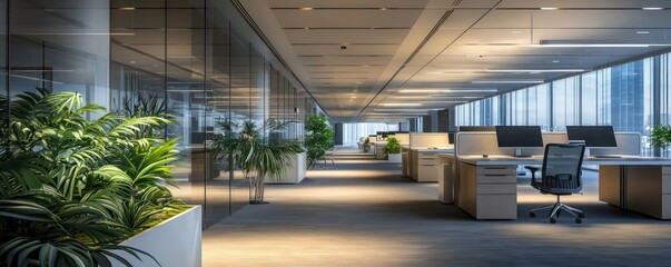Wall Mural - a contemporary office space with automated, energy-efficient lighting that senses occupancy and adju