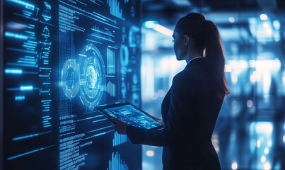 Businesswoman and biometric scanning, digital hologram and statistics