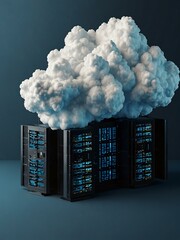 Wall Mural - 3D isometric illustration of a server cloud and data center on a blue background.