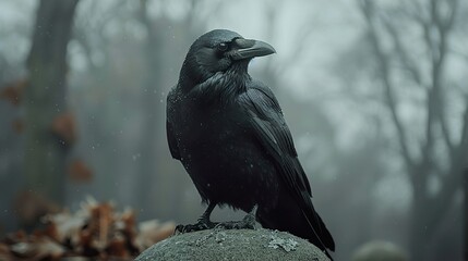 Poster - Black Crow in a Foggy Forest - Wildlife Photography