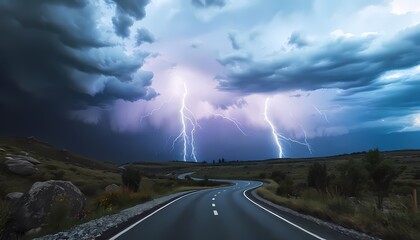 Wall Mural - a winding road stretches into a stormy sky illuminated by dramatic lightning strikes