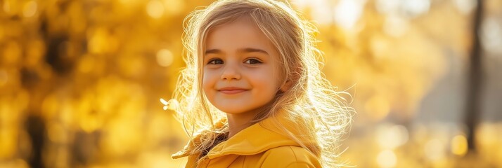 Sticker - A young girl with blonde hair and a yellow jacket is smiling. The image has a warm and cheerful mood