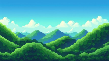 Wall Mural - 8-bit pixelated landscape: green hills and blue sky for gaming posters and ads