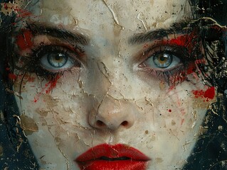 Poster - Abstract Portrait of a Woman with Red Lips and Gold Paint