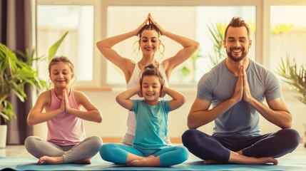 A family practices yoga in a bright room, with children happily engaged and sharing the moment of mindfulness and relaxation together. Generative AI