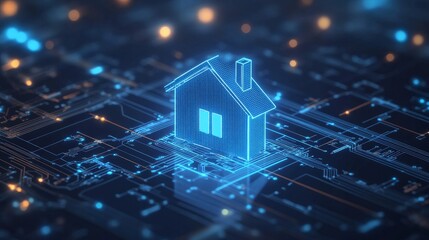 Glowing digital home icon surrounded by circuit lines representing smart system management and IoT technologies for smart homes The concept is set against a dark background in a 3D