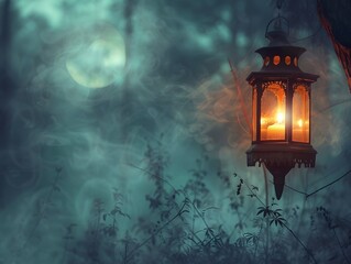 Creepy halloween misty forest background with lantern