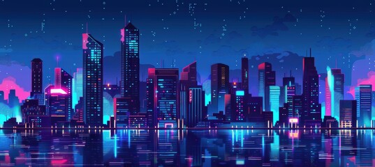 Wall Mural - retro futuristic pixel art cityscape with neon lights for tech ads and nightlife promotions