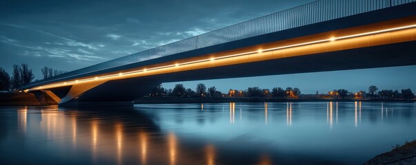 Wall Mural - a minimalist bridge over a calm river, with linear led lights embedded along its sides, providing a 