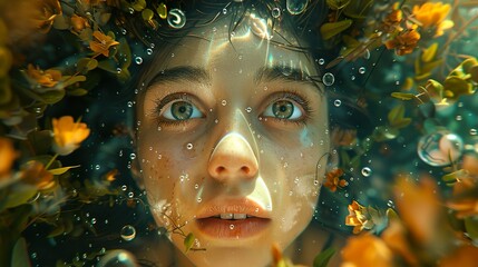 Wall Mural - Dreamy Underwater Portrait with Flowers and Bubbles