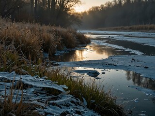 Wall Mural - A frozen riverbank covered in ice and grass on a chilly morning.