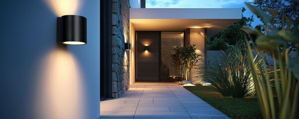 Wall Mural - a modern home entrance with sleek, sensor-activated wall lights that gently illuminate the pathway a