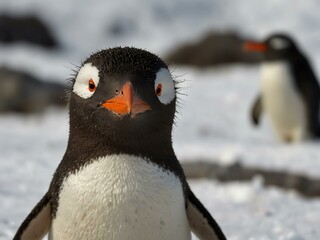 Wall Mural - A Gentoo penguin with a funny expression on Danco Island, Antarctica, with a photographer in the background.