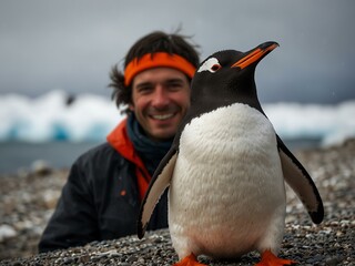 Wall Mural - A Gentoo penguin with a funny expression on Danco Island, Antarctica, with a photographer in the background.