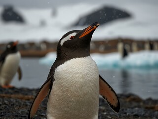 Wall Mural - A Gentoo penguin with a funny expression on Danco Island, Antarctica, with a photographer in the background.
