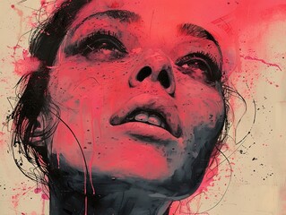 Poster - Abstract Portrait of a Woman with Pink and Black Splashes