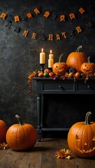 Wall Mural - A Halloween backdrop filled with pumpkins and spooky decor.