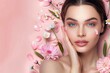 © Екатерина Каболова - Portrait of a woman with flawless skin surrounded by pink flowers and petals on a pastel pink background. Mockup.  Generative AI