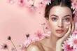 © Екатерина Каболова - Portrait of a woman with natural, glowing skin surrounded by pink flowers and petals on a soft pink background. Skincare and beauty concept with floral elements. Mockup.  Generative AI