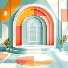 Wall Mural - Minimalist 3D studio environment featuring a patterned geometric wall and floor an empty product podium and a directional window casting soft shadows  This bright and airy mockup showcases a clean