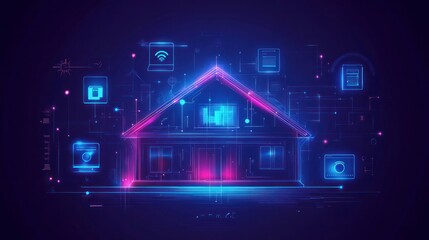 Wall Mural - vector conceptual banner for smart home technology illustrates the integration of iot systems and ho
