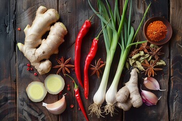 Poster - An assortment of vibrant Asian spices features fresh ginger, garlic, colorful chili peppers, aromatic star anise, and fragrant lemongrass. Generative AI