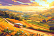 © ratatosk - Bus traveling through rural farm landscape at sunset. Retro poster style illustration design. Travel, road trip and tourism concept. Adventure and countryside exploration
