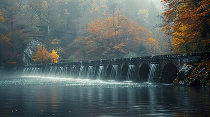 Poster - Autumnal Bridge and Waterfalls - Serene Landscape Photography