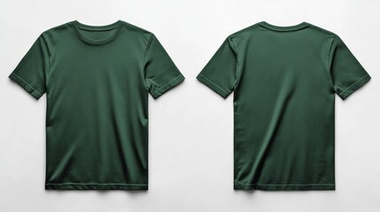 Green T-shirt mockup, front and back view, isolated on white background.