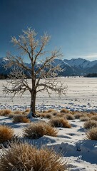 Wall Mural - A lone frosted tree in a field against snow-capped mountains and a bright blue sky.