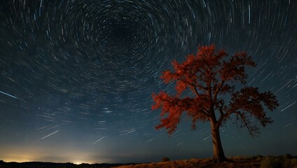 Wall Mural - A lone red tree stands beneath a night sky filled with star trails.