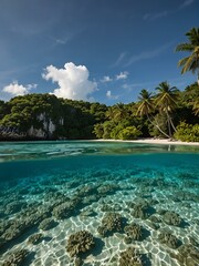 Wall Mural - A lush green island surrounded by turquoise waters and coral reefs.