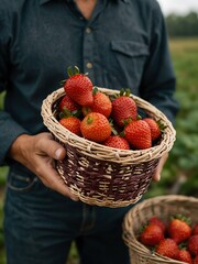 Wall Mural - A man carries a ripe red strawberry in a basket.