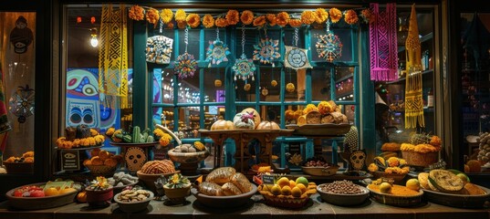 Wall Mural - Vibrant Day of the Dead Storefront Display Featuring Pan de Muerto and Mexican Decorations for Festive Celebration