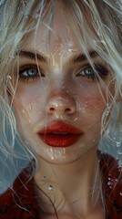 Wall Mural - Close-Up Portrait of a Woman with Wet Hair and Red Lips