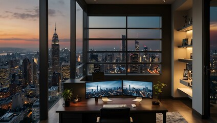 Wall Mural - A modern home office with multiple monitors and a view of the city.