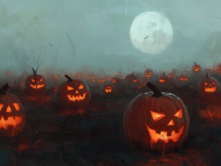 A spooky Halloween scene with glowing jack-o'-lanterns under a full moon, creating an eerie atmosphere in a pumpkin patch.