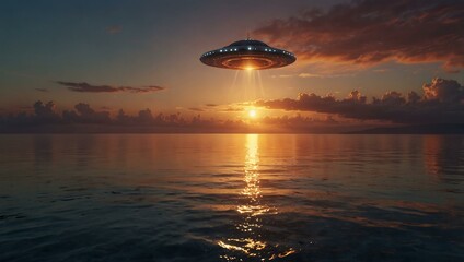 Wall Mural - A mysterious UFO hovers above the calm sea at sunset, hinting at extraterrestrial life.