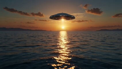 Wall Mural - A mysterious UFO hovers above the calm sea at sunset, hinting at extraterrestrial life.