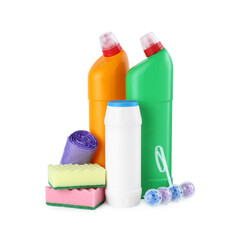 Poster - Different toilet cleaners, sponges and trash bags isolated on white