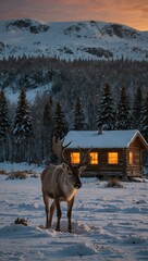 Wall Mural - a reindeer in a snowy field with a warmly lit cabin in the distance.