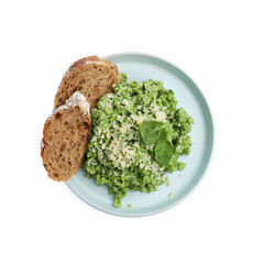 Sticker - Tasty spinach risotto and bread isolated on white, top view