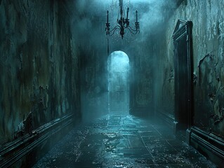 Canvas Print - Eerie Foggy Hallway in an Abandoned Mansion