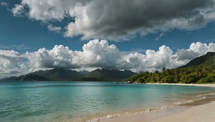 Wall Mural - A serene tropical beach with turquoise waters and mountains on a cloudy day.