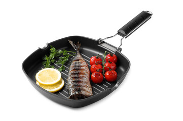 Sticker - Delicious grilled mackerel, tomatoes, parsley and lemon in pan isolated on white