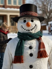 Wall Mural - A snowman with a hat and scarf in a yard filled with children.