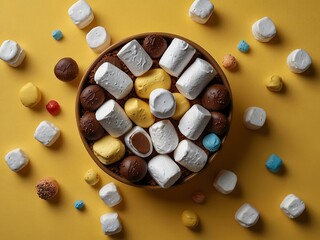 Wall Mural - A sprinkle of marshmallows and chocolates on a bright yellow surface.