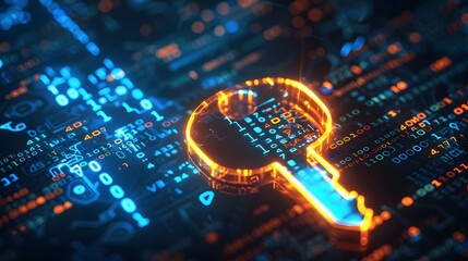 Digital key made of glowing binary code symbolizing cyberspace